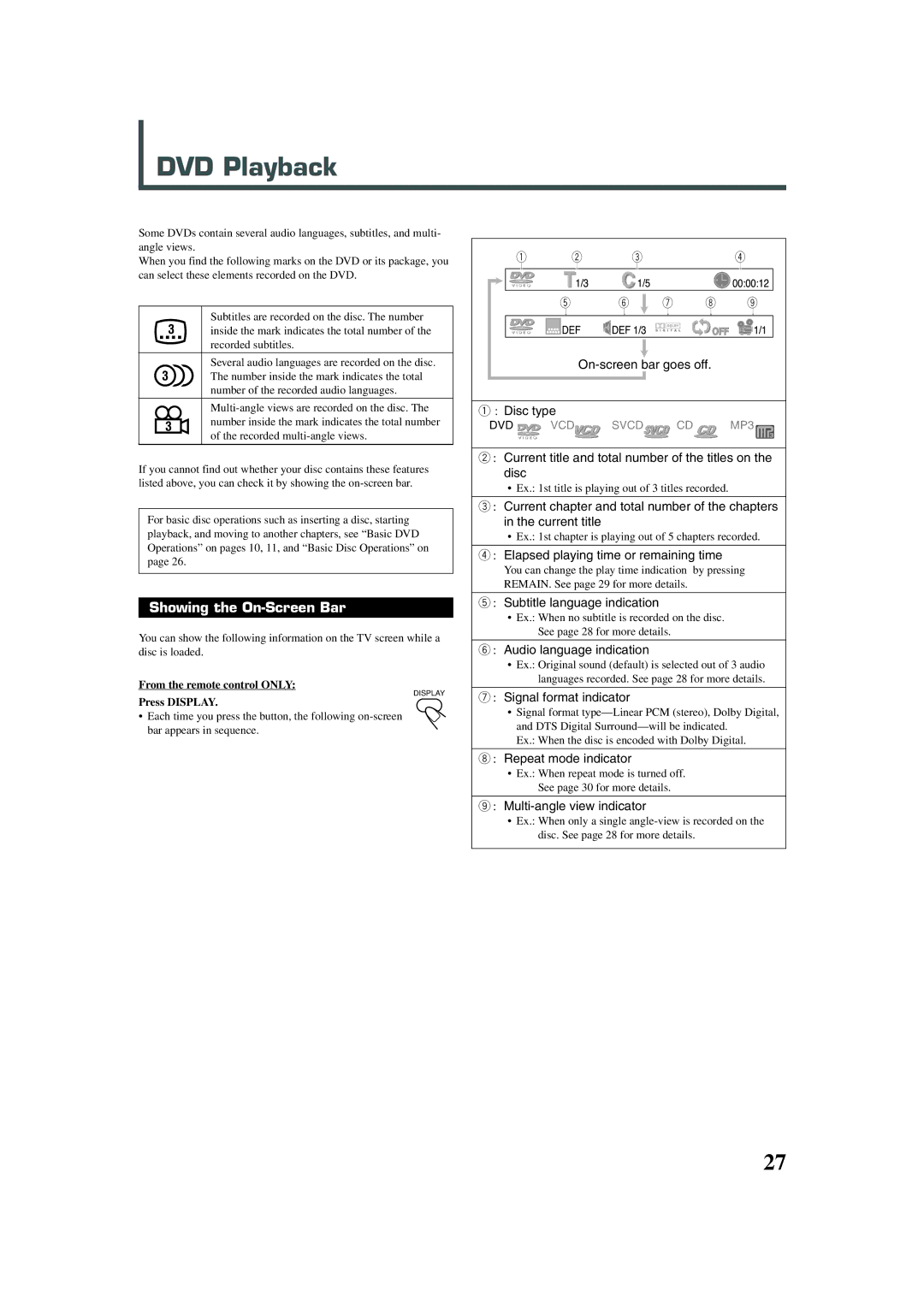 JVC XV-THA30R, TH-A30R manual DVD Playback, Showing the On-Screen Bar, Press Display 