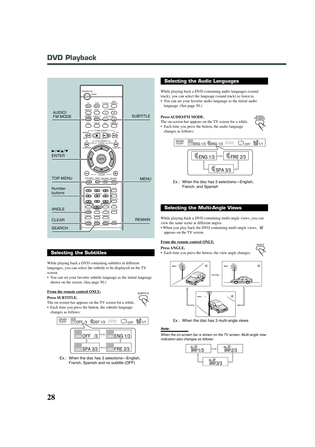 JVC TH-A30R, XV-THA30R manual Selecting the Audio Languages, Selecting the Multi-Angle Views, Selecting the Subtitles 