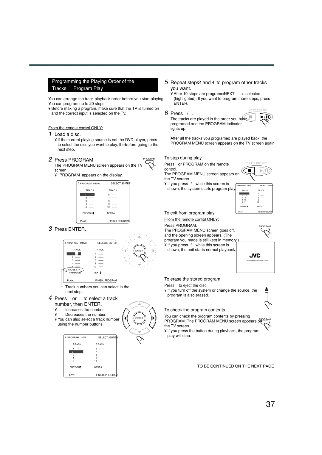 JVC XV-THA30R Programming the Playing Order Tracks-Program Play, Repeat steps 3 and 4 to program other tracks you want 
