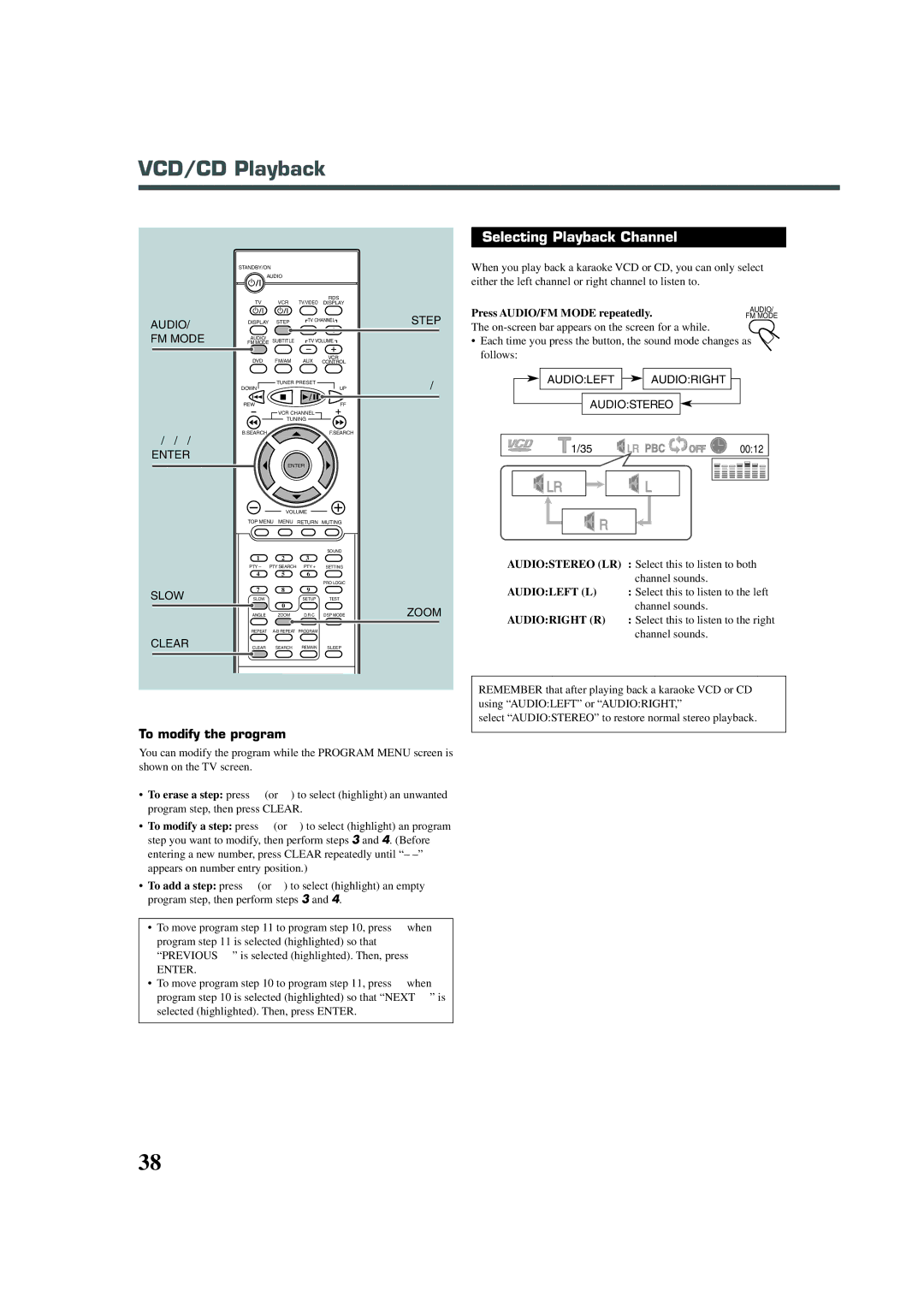 JVC TH-A30R, XV-THA30R manual Selecting Playback Channel, Press AUDIO/FM Mode repeatedly, Audioleft Audioright Audiostereo 