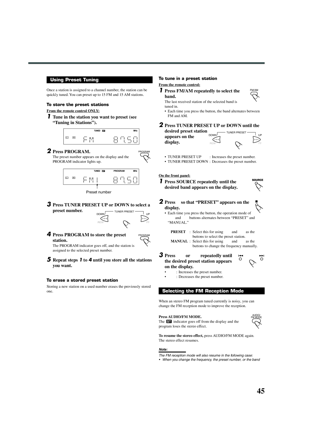 JVC XV-THA30R, TH-A30R manual Using Preset Tuning, Selecting the FM Reception Mode 