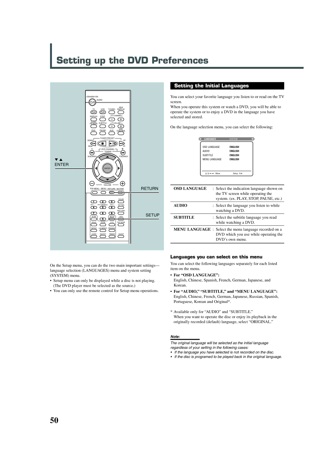 JVC TH-A30R Setting up the DVD Preferences, Setting the Initial Languages, Languages you can select on this menu, Setup 