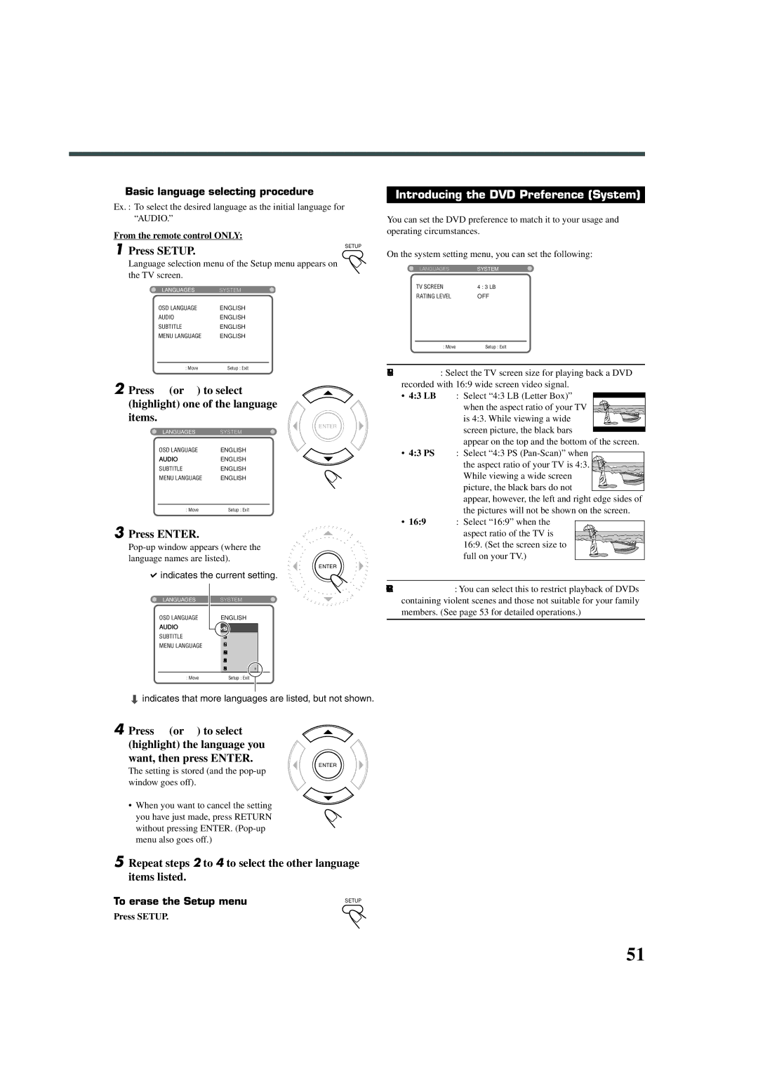 JVC XV-THA30R, TH-A30R manual Press Setup, Press ∞ or 5 to select highlight one of the language items, Press Enter 