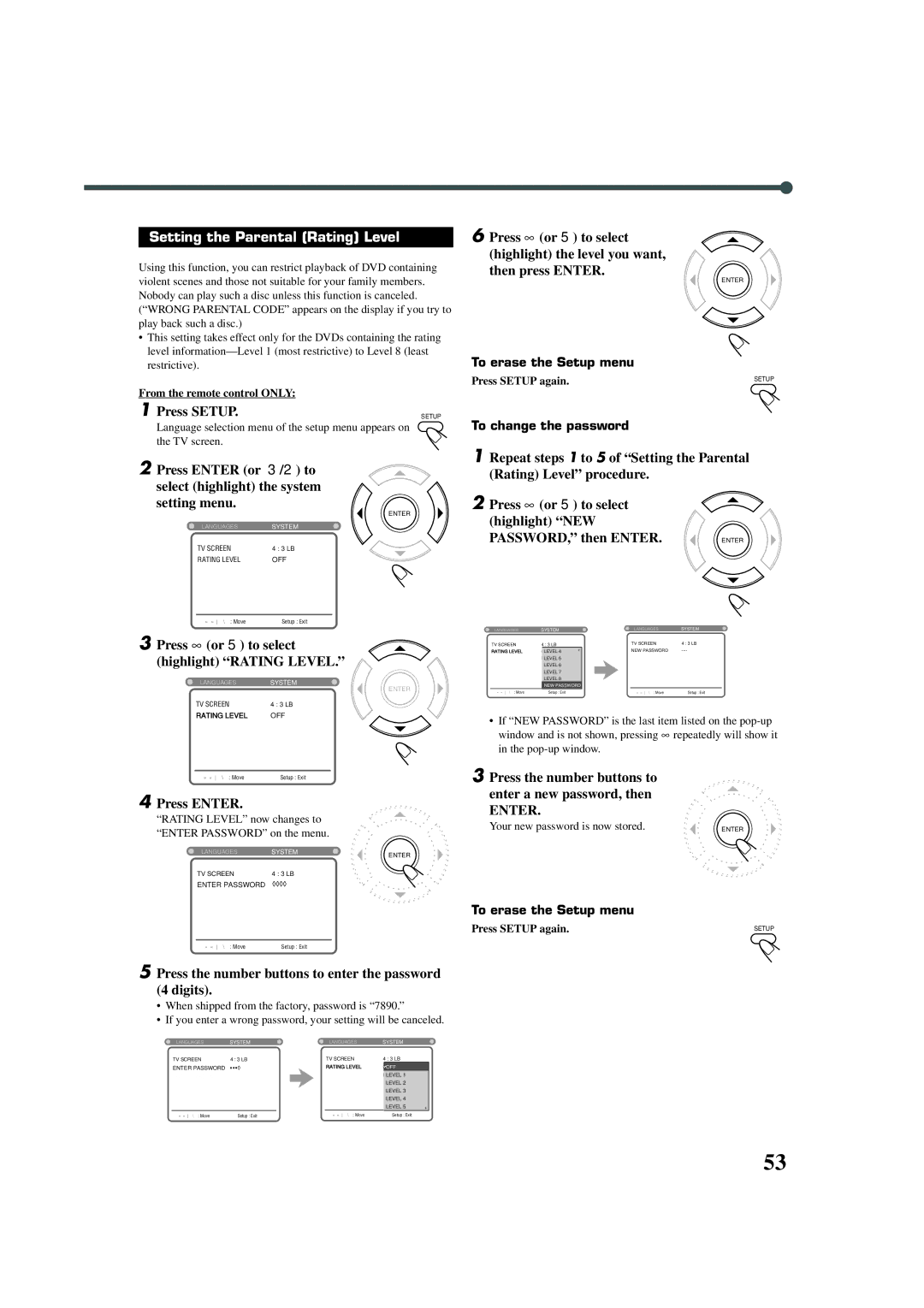 JVC XV-THA30R, TH-A30R manual Setting the Parental Rating Level, Press the number buttons to enter the password 4 digits 