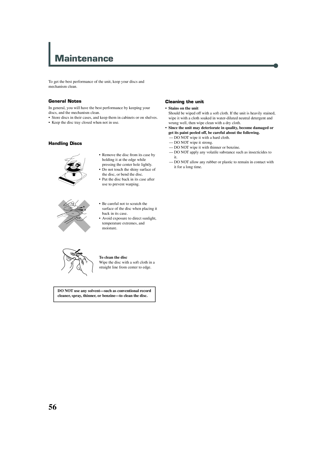 JVC TH-A30R, XV-THA30R manual Maintenance, General Notes, Handling Discs, Cleaning the unit 