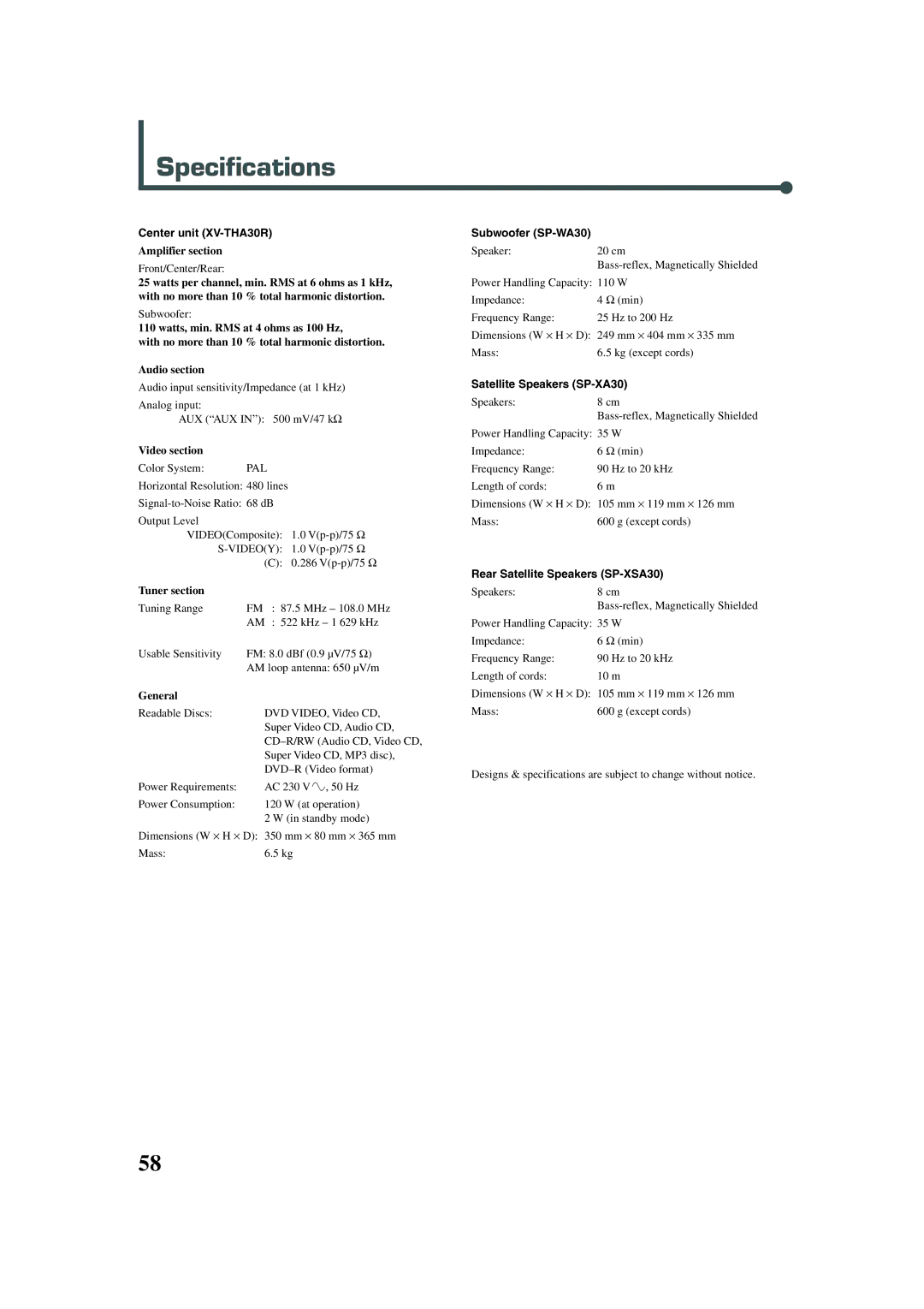 JVC TH-A30R, XV-THA30R manual Specifications, Amplifier section, Video section, Tuner section, General 