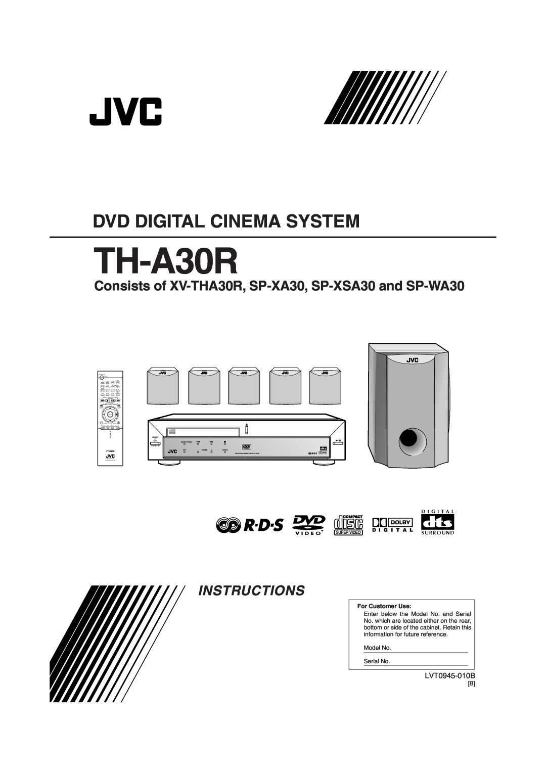 JVC XV-THA30R manual LVT0945-010B, TH-A30R, Dvd Digital Cinema System, Instructions, For Customer Use, Standby Standby/On 