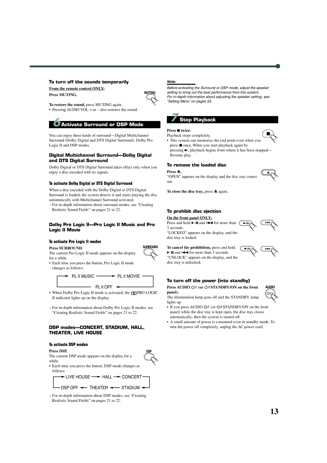 JVC TH-A32 manual 6Activate Surround or DSP Mode, Stop Playback 