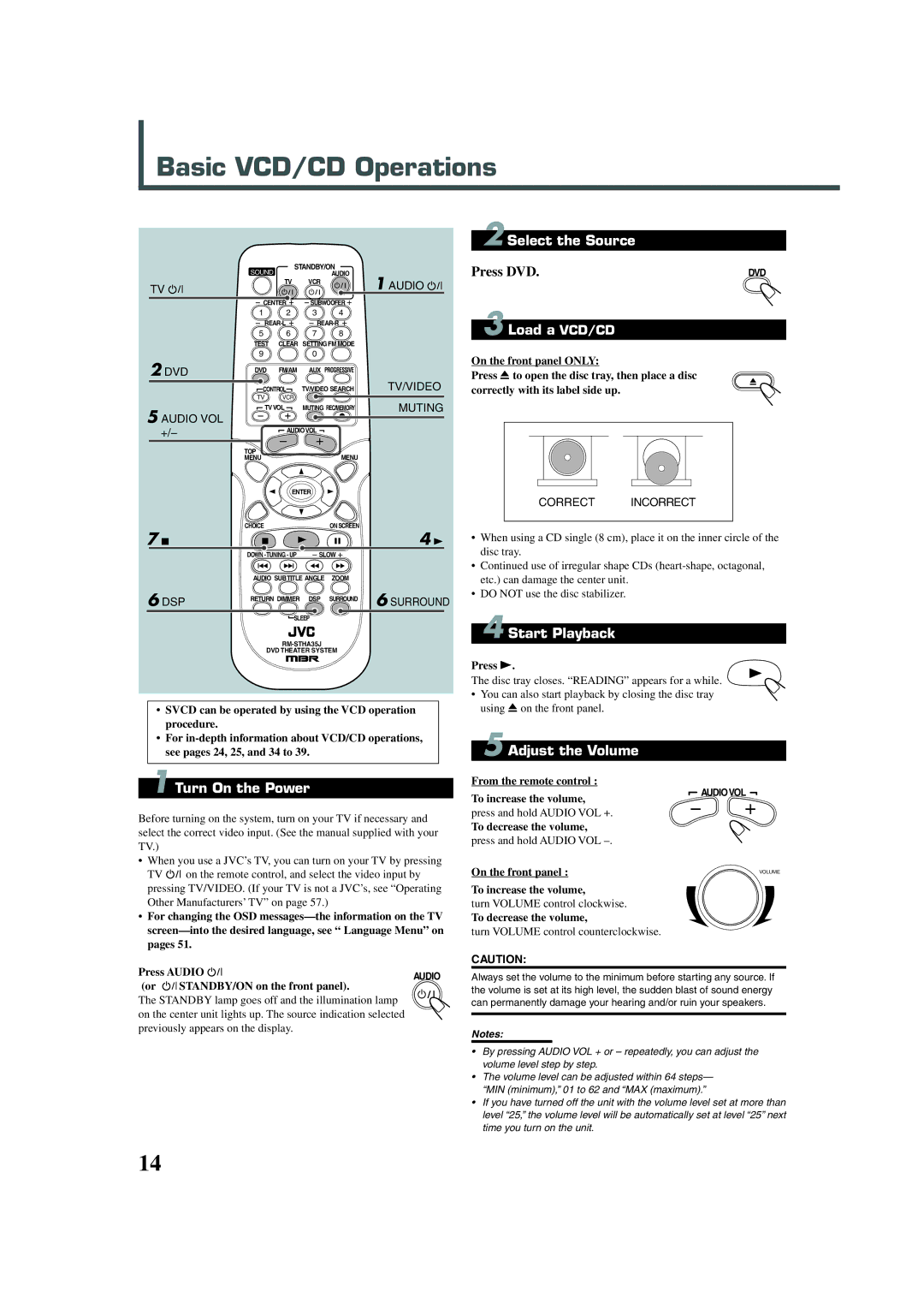 JVC TH-A32 manual Basic VCD/CD Operations, Load a VCD/CD, Adjust the Volume Turn On the Power, Dsp 