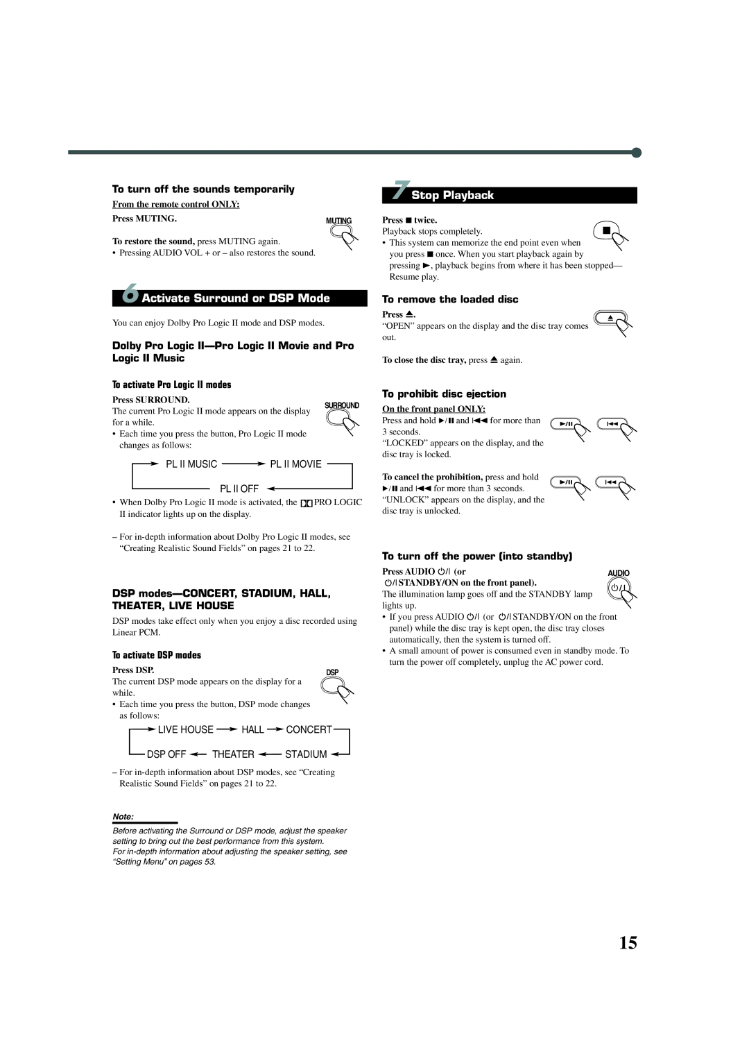 JVC TH-A32 manual Activate Surround or DSP Mode, From the remote control only Press Muting 