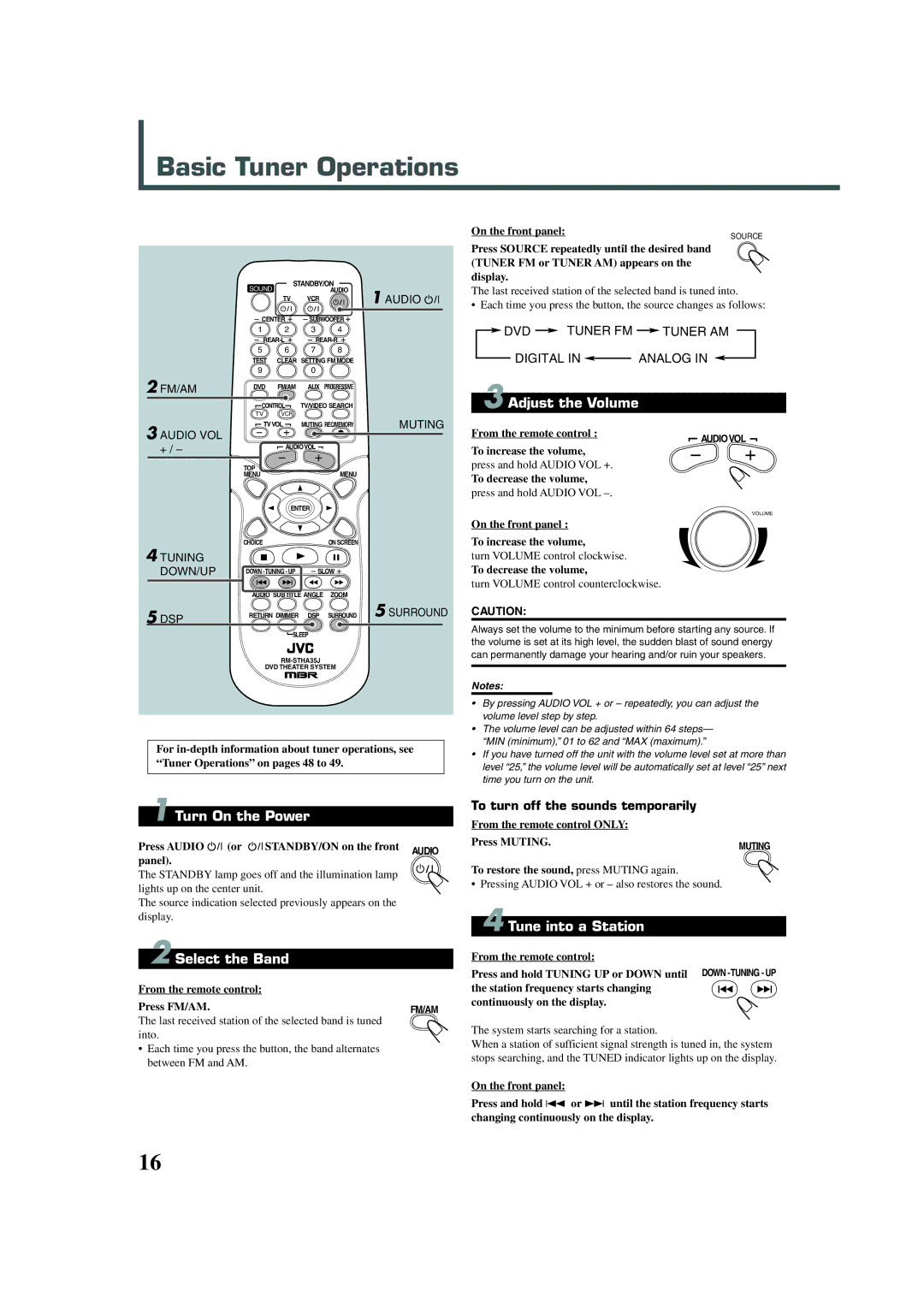 JVC TH-A32 manual Basic Tuner Operations, Select the Band, Adjust the Volume, Tune into a Station 