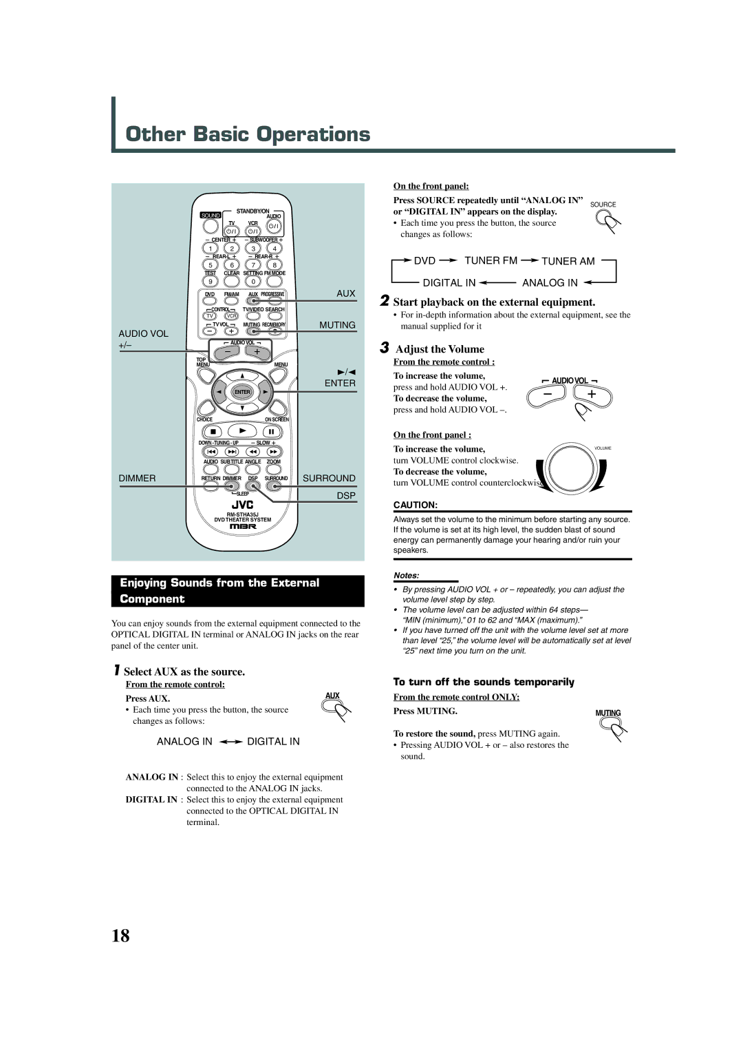 JVC TH-A32 Other Basic Operations, Start playback on the external equipment, Adjust the Volume, Select AUX as the source 