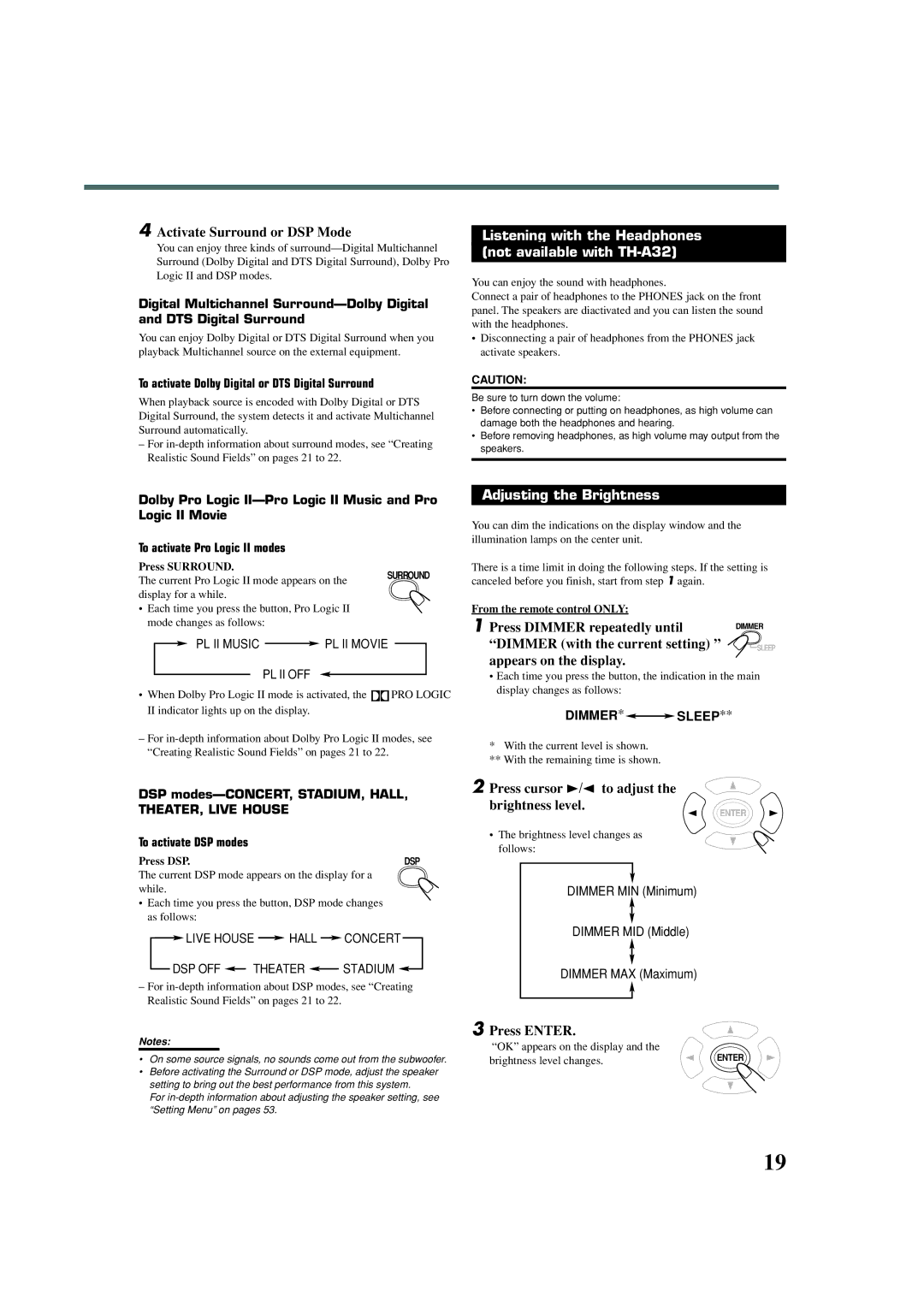 JVC manual Listening with the Headphones Not available with TH-A32, Adjusting the Brightness 