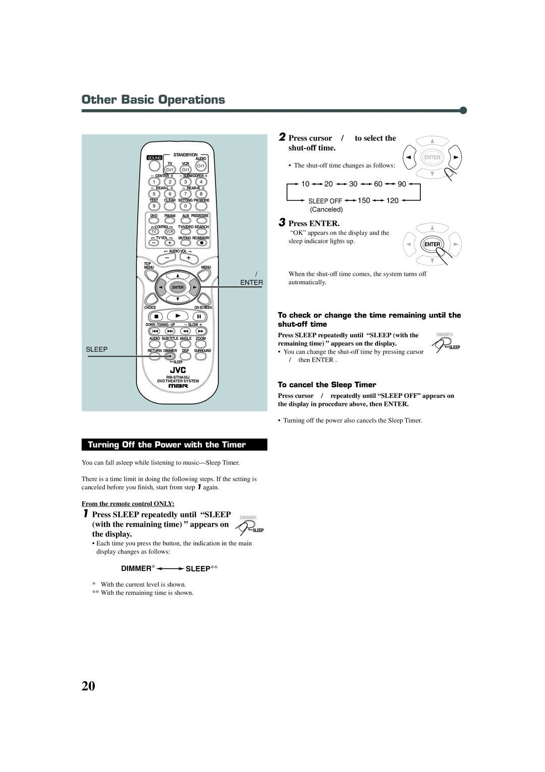 JVC TH-A32 Turning Off the Power with the Timer, Display, To cancel the Sleep Timer, Remaining time appears on the display 