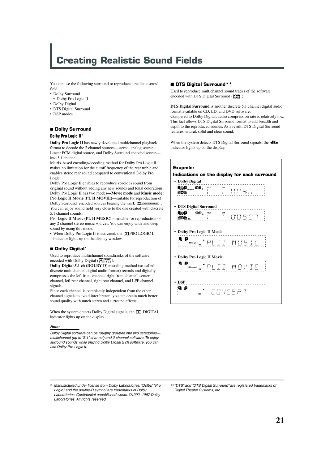 JVC TH-A32 manual Creating Realistic Sound Fields, Dolby Surround Dolby Pro Logic, Dolby Digital, DTS Digital Surround 