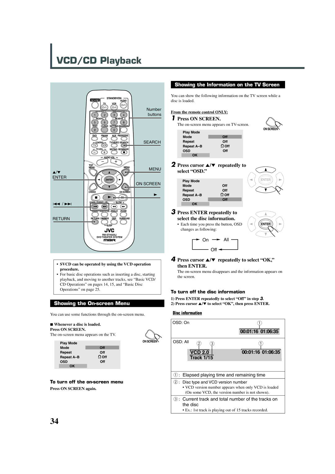 JVC TH-A32 VCD/CD Playback, Press cursor 5/∞ repeatedly to select OSD, Press cursor 5/∞ repeatedly to select OK Then Enter 