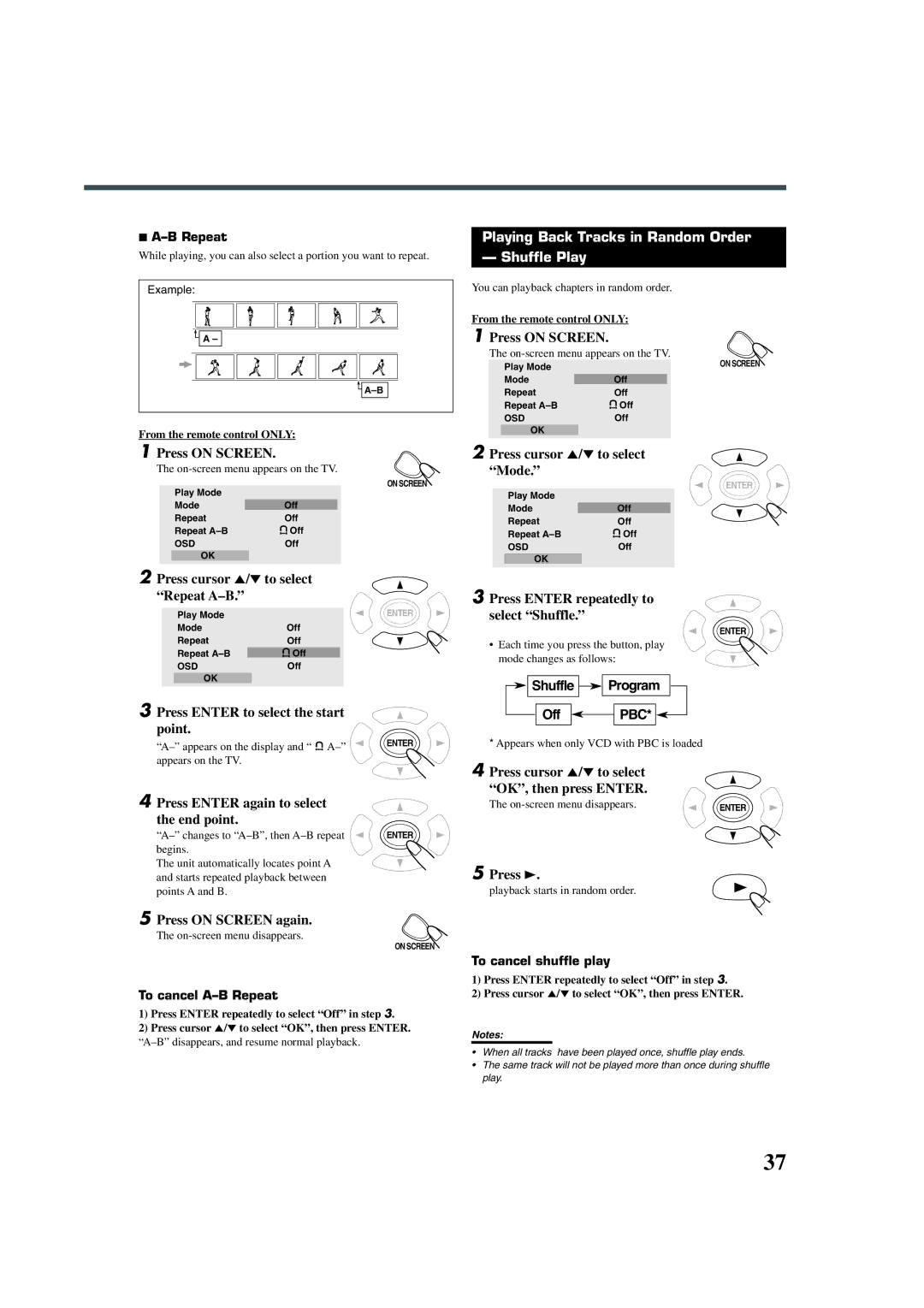 JVC TH-A32 manual Playing Back Tracks in Random Order Shuffle Play, Press cursor 5/∞ to select OK, then press Enter 