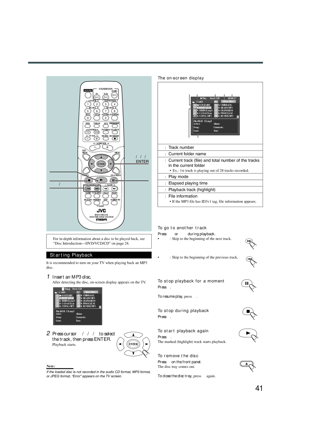 JVC TH-A32 manual Starting Playback, Insert an MP3 disc, Press cursor 3/2/5/∞ to select the track, then press Enter 