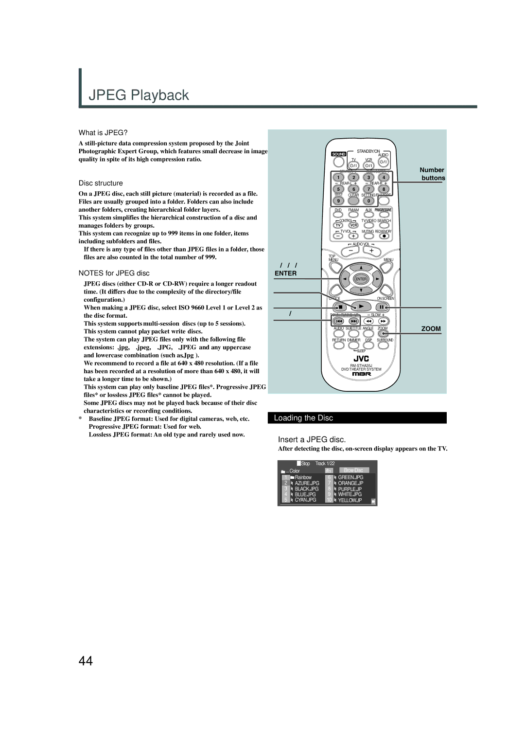 JVC TH-A32 manual Jpeg Playback, Loading the Disc, Insert a Jpeg disc, What is JPEG?, Disc structure 