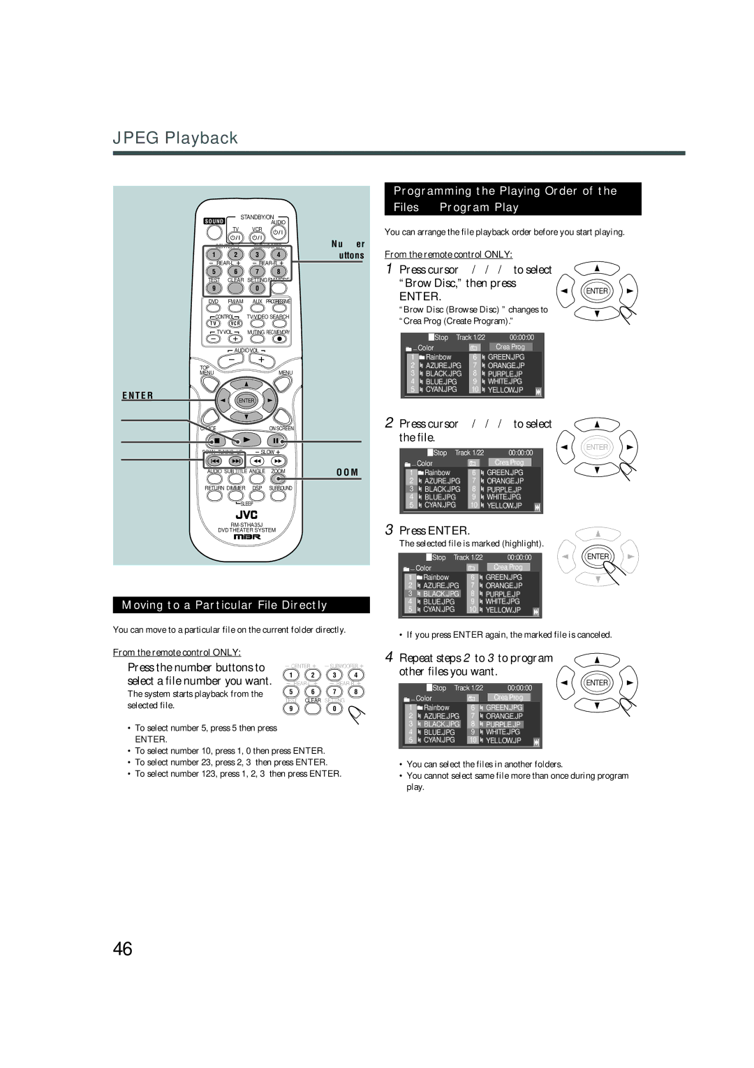 JVC TH-A32 manual Programming the Playing Order Files Program Play, Press cursor 3/2/5/∞ to select the file 