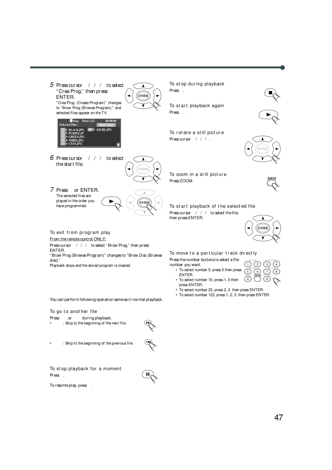 JVC TH-A32 manual Press cursor 3/2/5/∞ to select the start file, Press 3 or Enter, To go to another file 