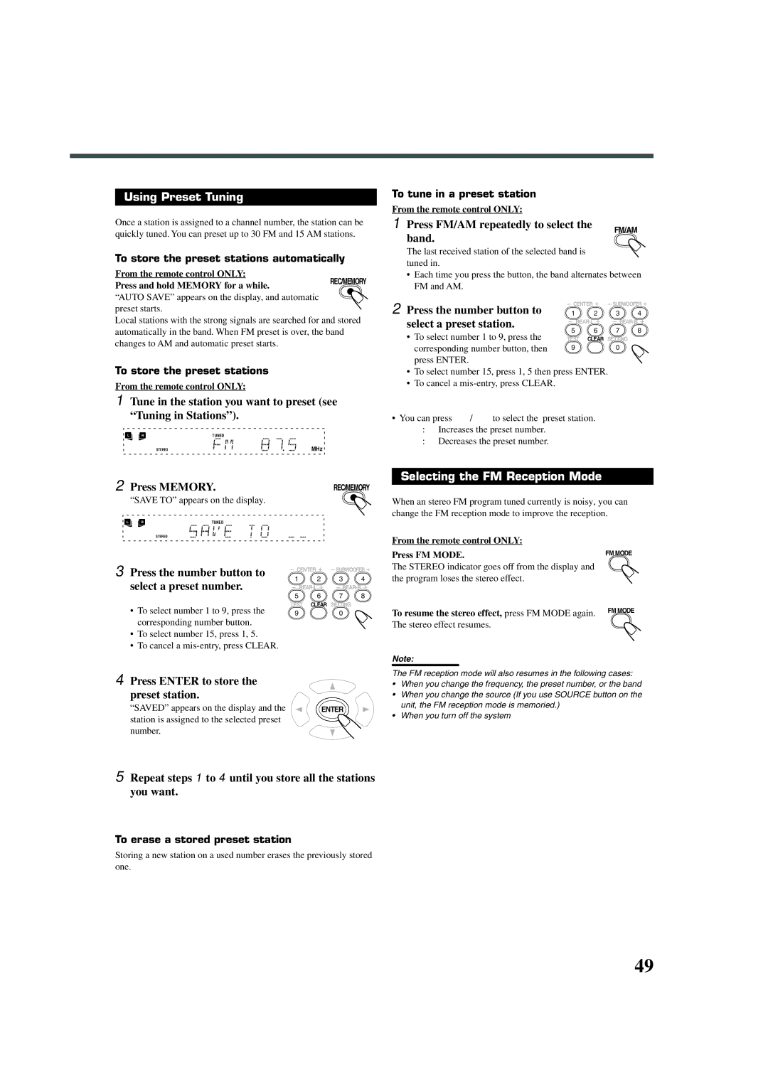 JVC TH-A32 manual Using Preset Tuning, Selecting the FM Reception Mode 