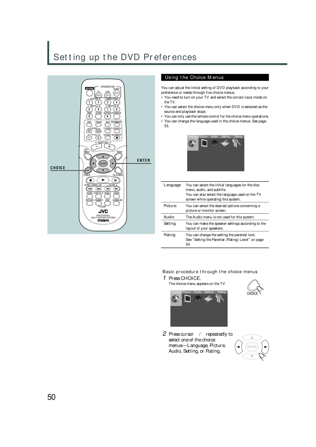 JVC TH-A32 manual Setting up the DVD Preferences, Using the Choice Menus, Basic procedure through the choice menus 