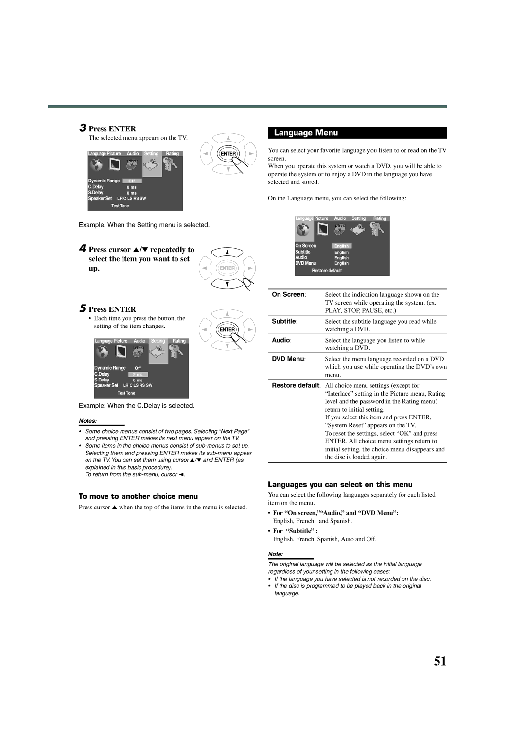 JVC TH-A32 manual Language Menu, To move to another choice menu, Languages you can select on this menu 