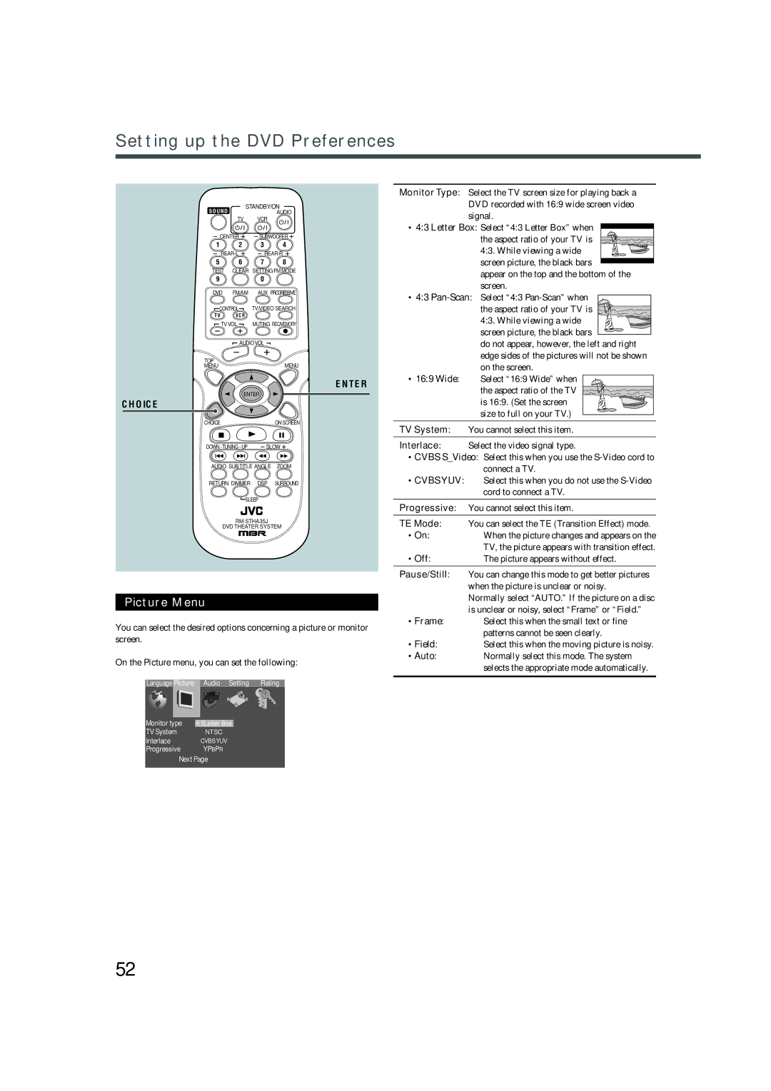 JVC TH-A32 manual Setting up the DVD Preferences, Picture Menu 