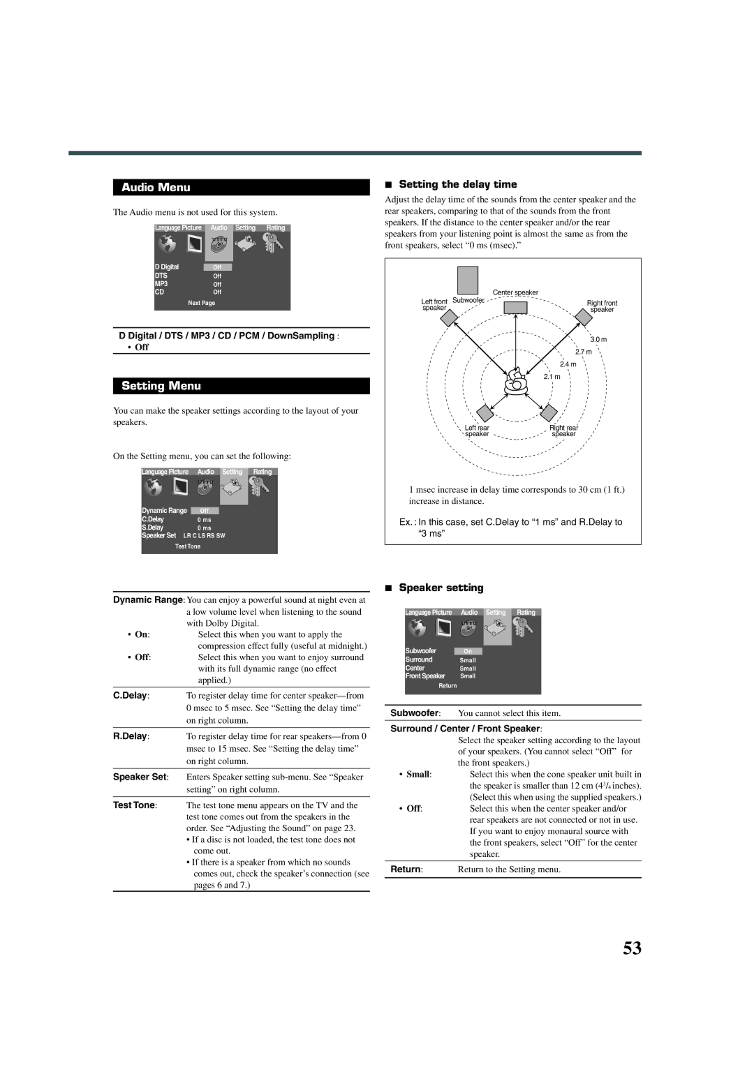 JVC TH-A32 manual Audio Menu, Setting Menu, Setting the delay time, Speaker setting 