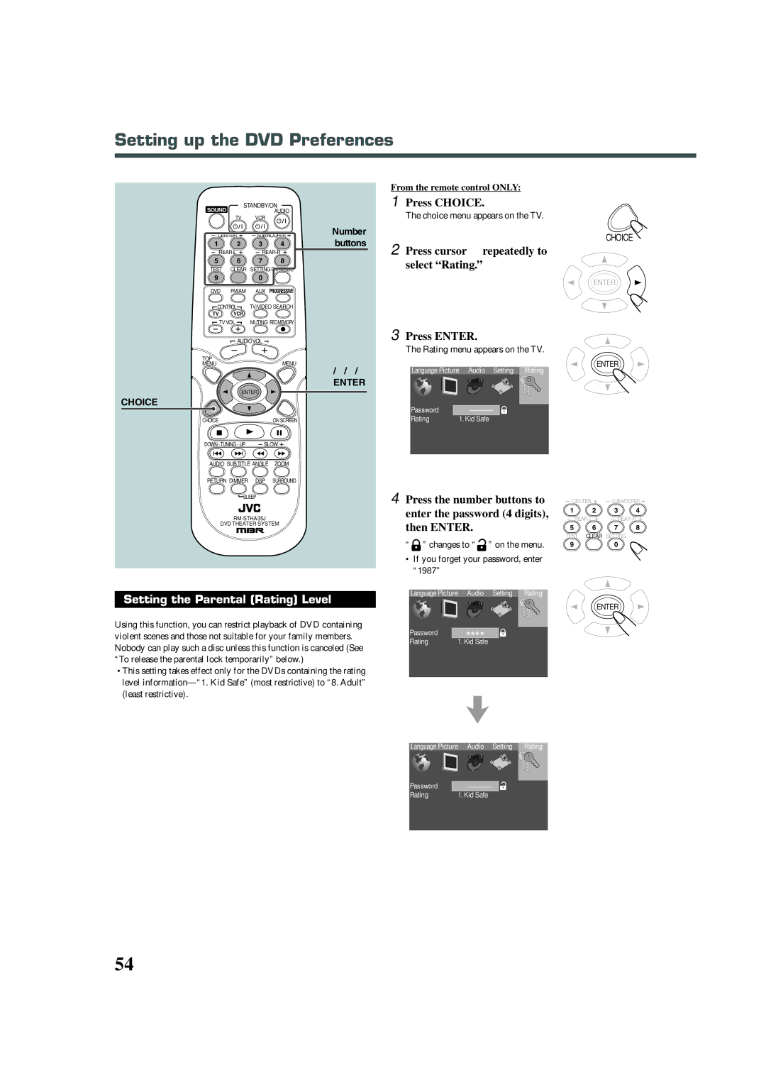 JVC TH-A32 manual Setting the Parental Rating Level, Press cursor 3 repeatedly to select Rating Press Enter 