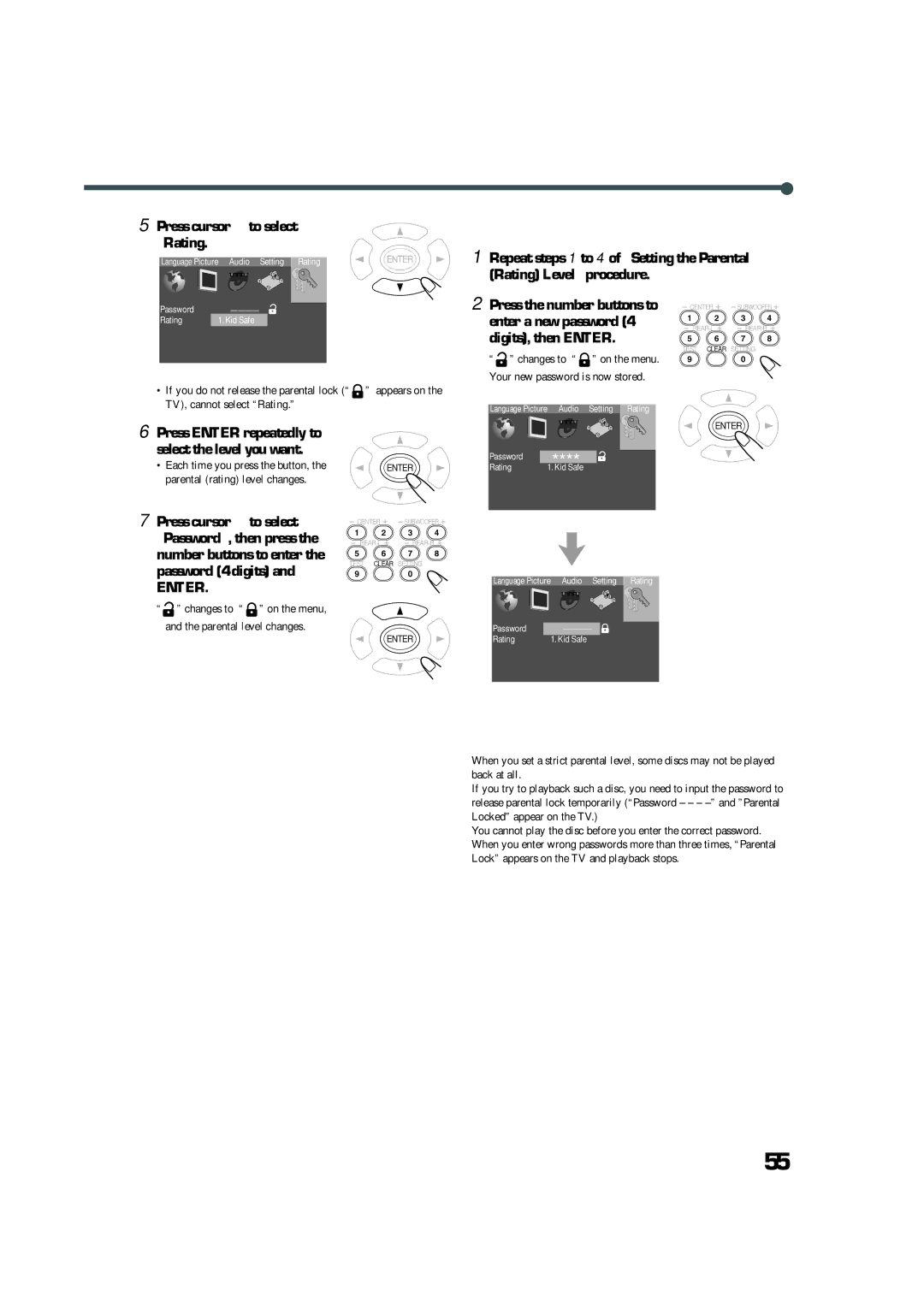 JVC TH-A32 manual Press cursor ∞ to select Rating, Enter a new password, Digits, then Enter, Press cursor 5 to select 