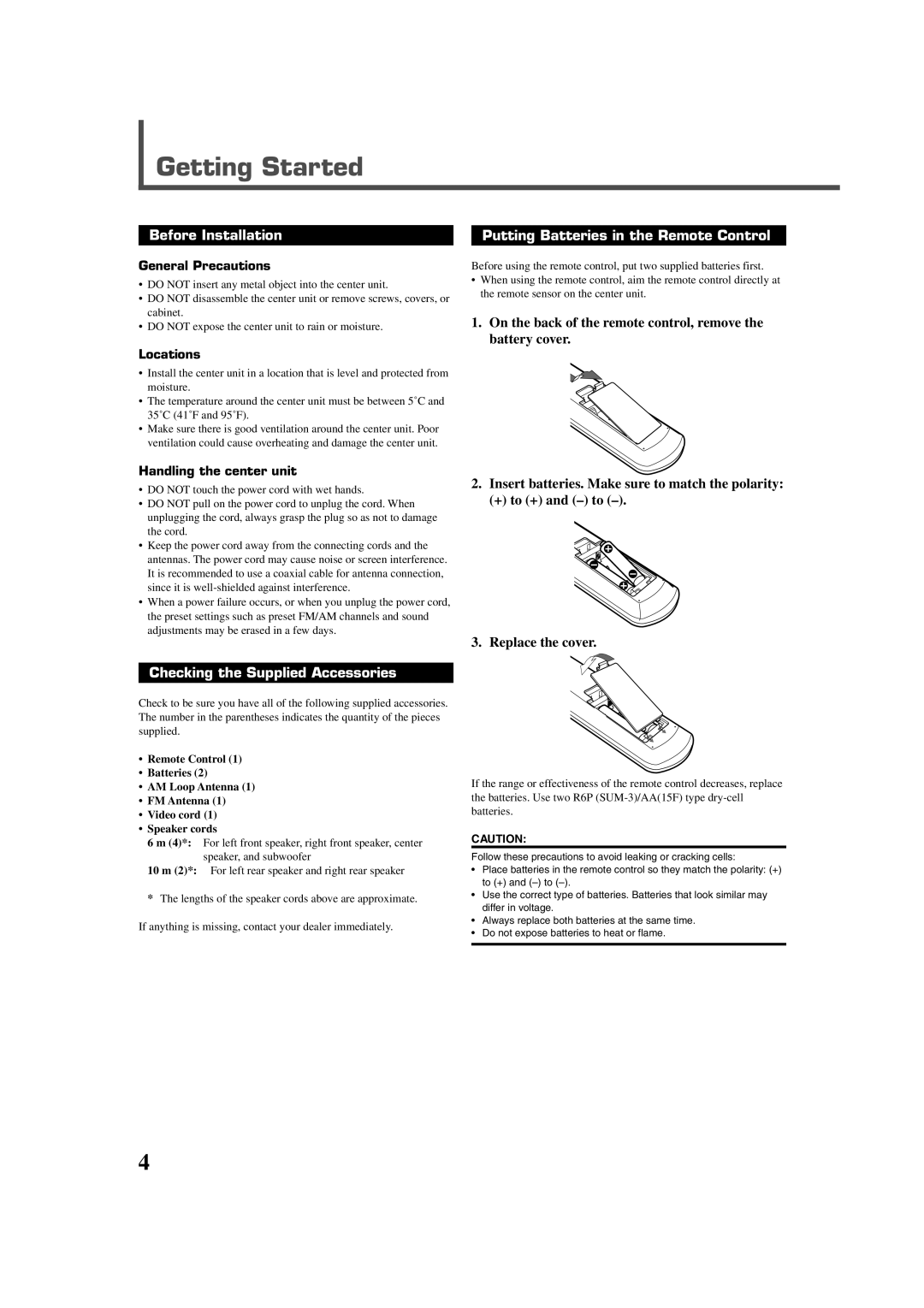 JVC TH-A32 manual Before Installation, Checking the Supplied Accessories, Putting Batteries in the Remote Control 