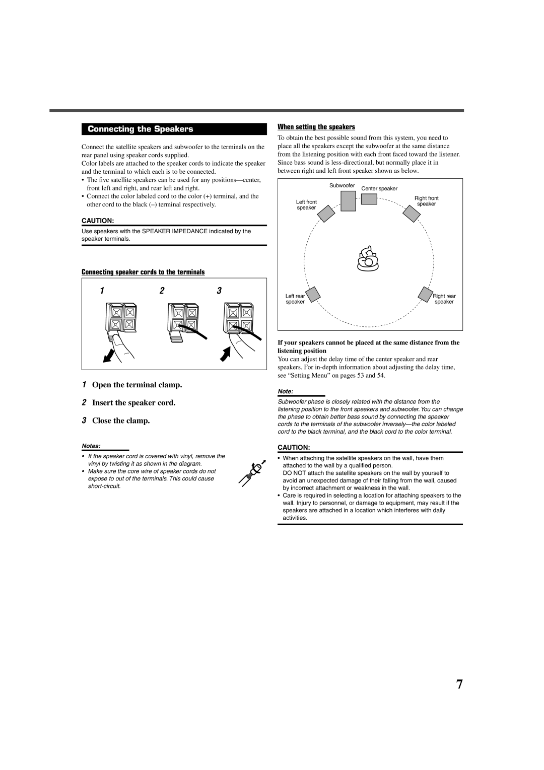 JVC TH-A32 manual Connecting the Speakers, Connecting speaker cords to the terminals, When setting the speakers 