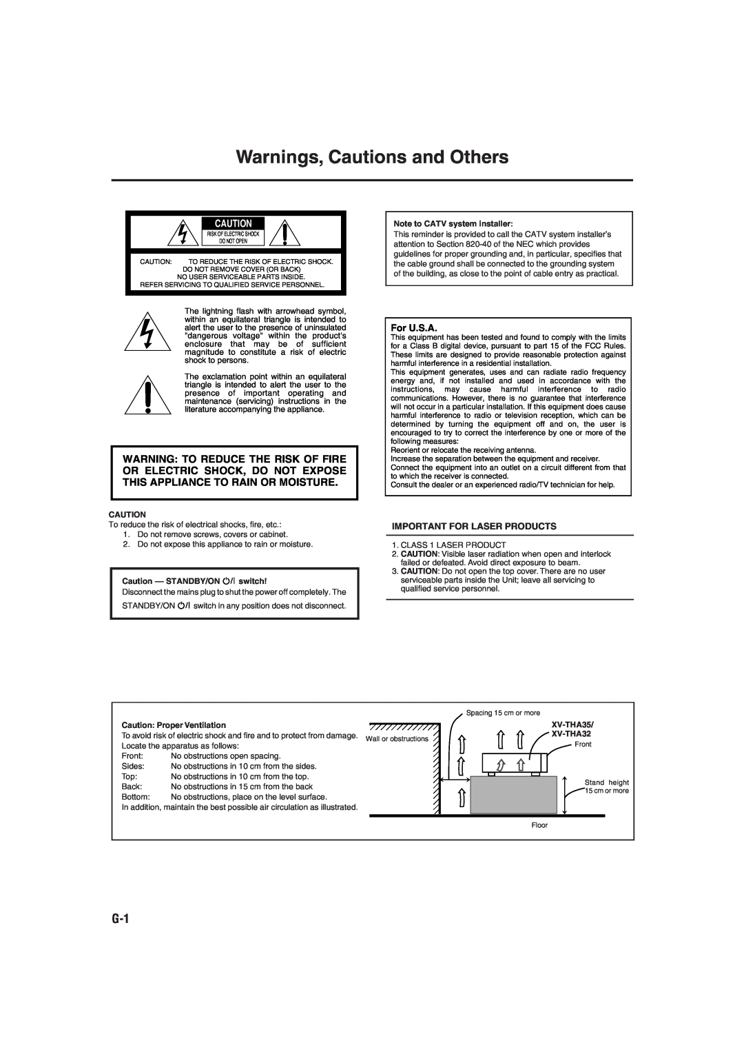 JVC TH-A32 manual Warnings, Cautions and Others, For U.S.A, Important For Laser Products, Caution --STANDBY/ON switch 