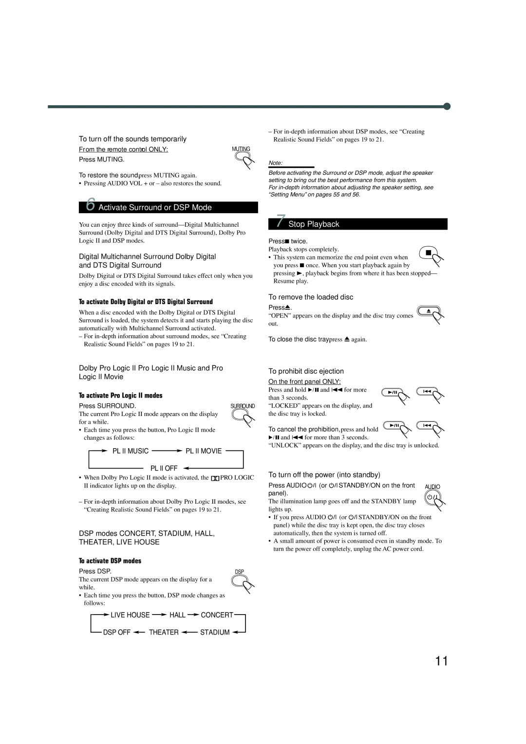 JVC TH-A35 manual 6Activate Surround or DSP Mode, Stop Playback 