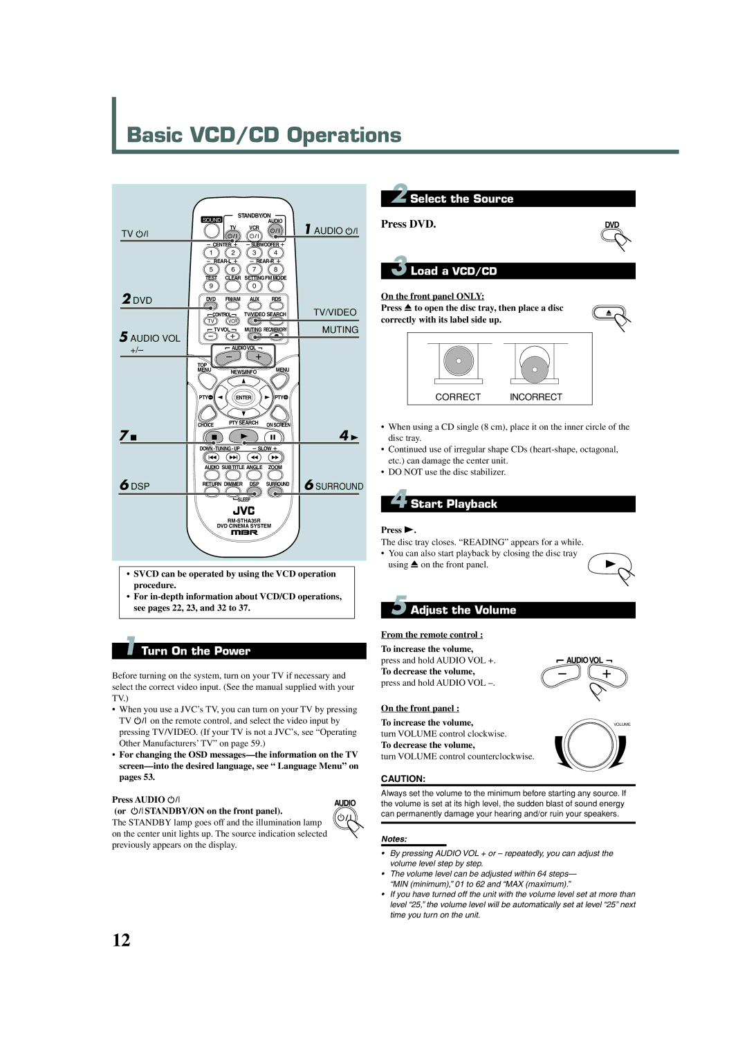 JVC TH-A35 manual Basic VCD/CD Operations, Load a VCD/CD, Adjust the Volume, STANDBY/ON on the front panel 