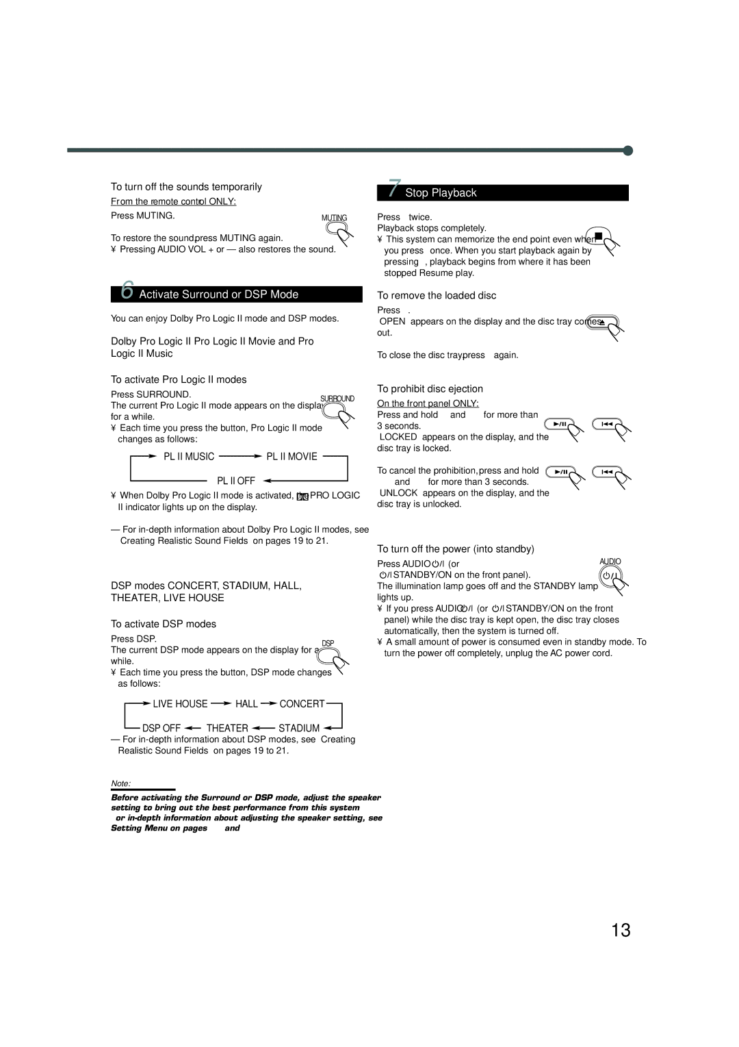 JVC TH-A35 manual Activate Surround or DSP Mode, From the remote control only Press Muting 