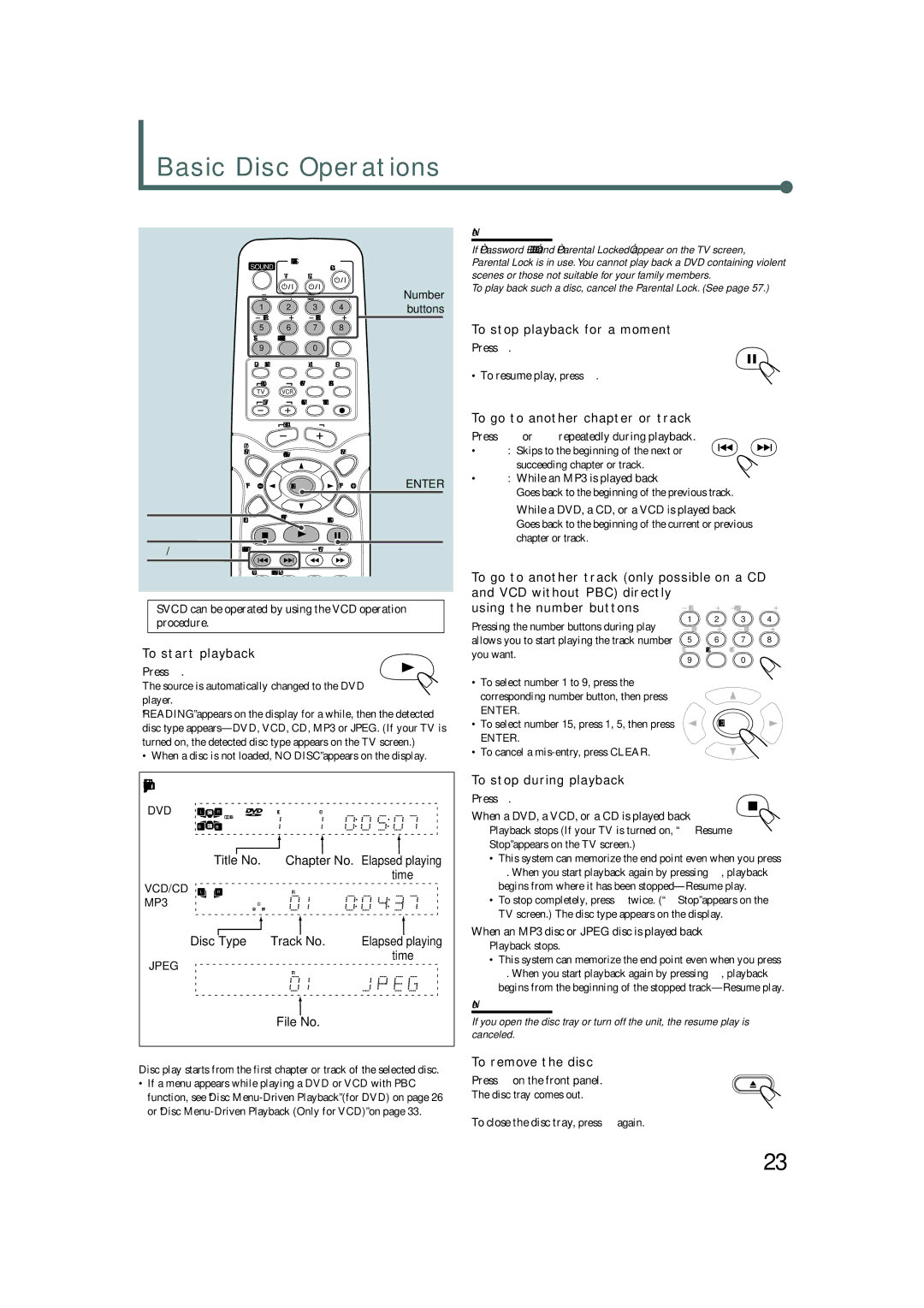 JVC TH-A35 manual Basic Disc Operations, ExamplePlayback information on the display 