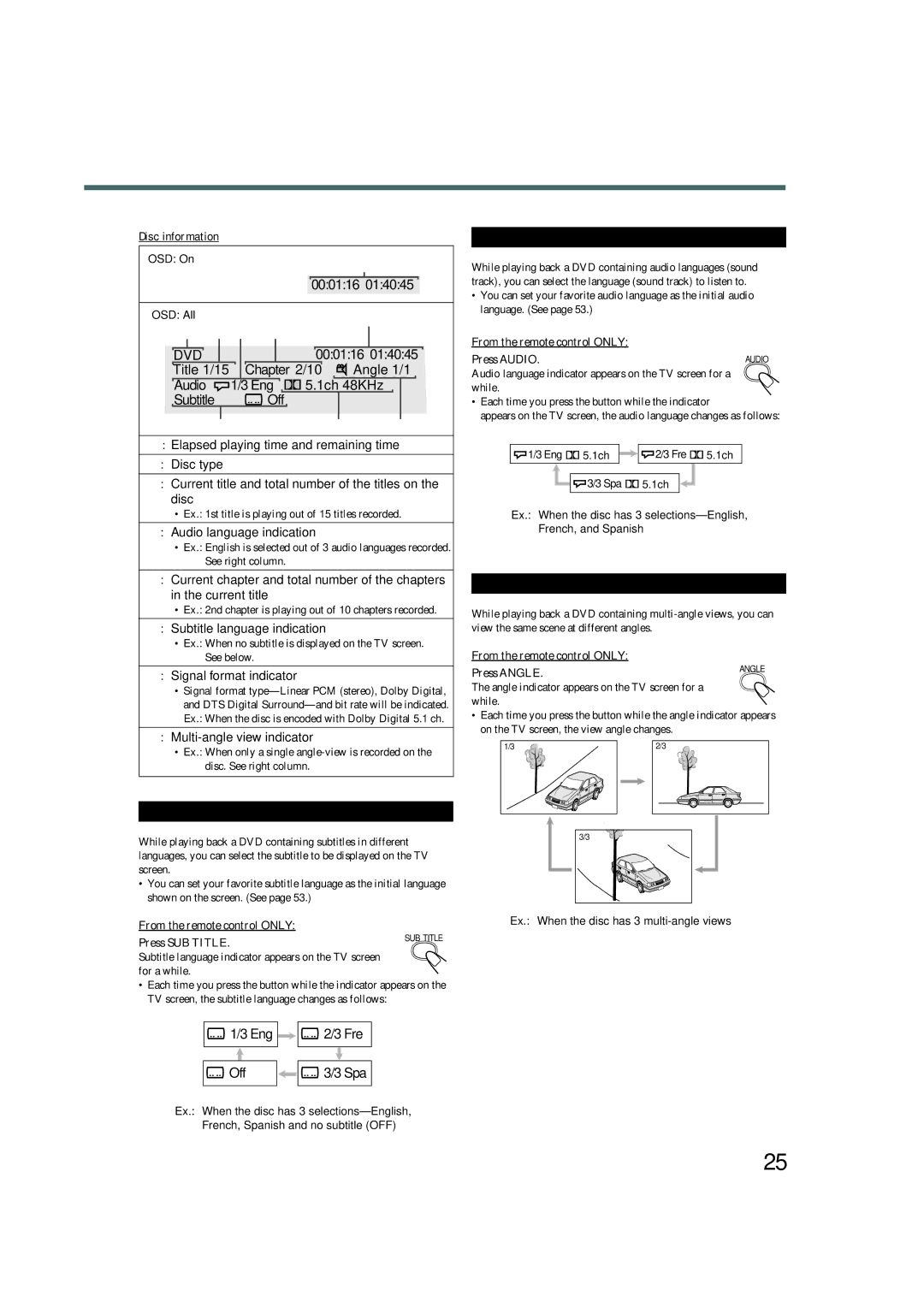 JVC TH-A35 manual Selecting the Subtitles, Selecting the Audio Languages, Selecting the Multi-Angle Views 