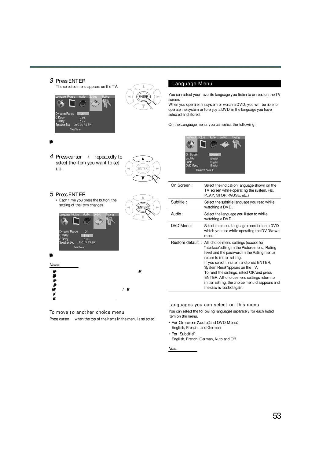 JVC TH-A35 manual Language Menu, To move to another choice menu, Languages you can select on this menu 