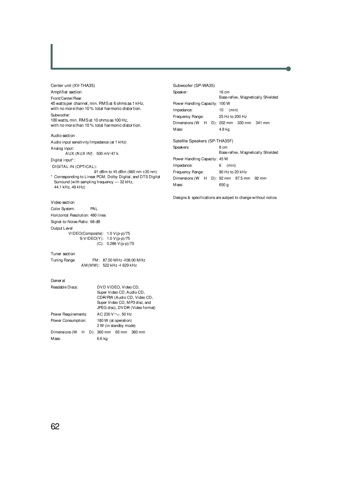 JVC TH-A35 manual Specifications, Amplifier section, Video section, Tuner section, General 