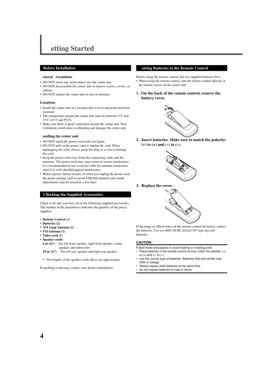 JVC TH-A35 manual Before Installation, Checking the Supplied Accessories, Putting Batteries in the Remote Control 