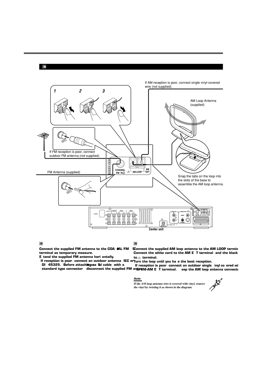 JVC TH-A35 manual Connecting the FM and AM Antennas, FM antenna connection, AM antenna connection 