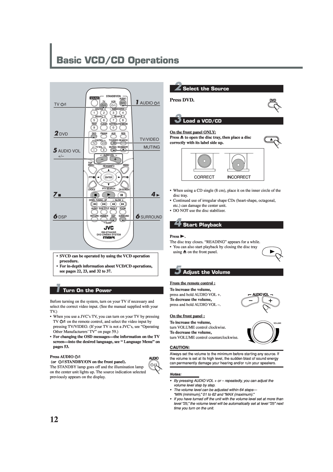 JVC TH-A35 Basic VCD/CD Operations, Load a VCD/CD, Adjust the Volume, Turn On the Power, Select the Source, Press DVD 