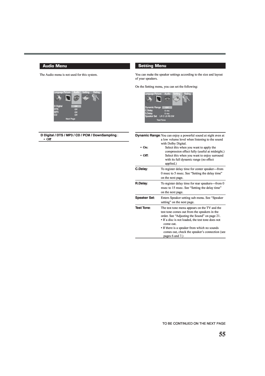 JVC TH-A35 manual Audio Menu, Setting Menu, D Digital / DTS / MP3 / CD / PCM / DownSampling 
