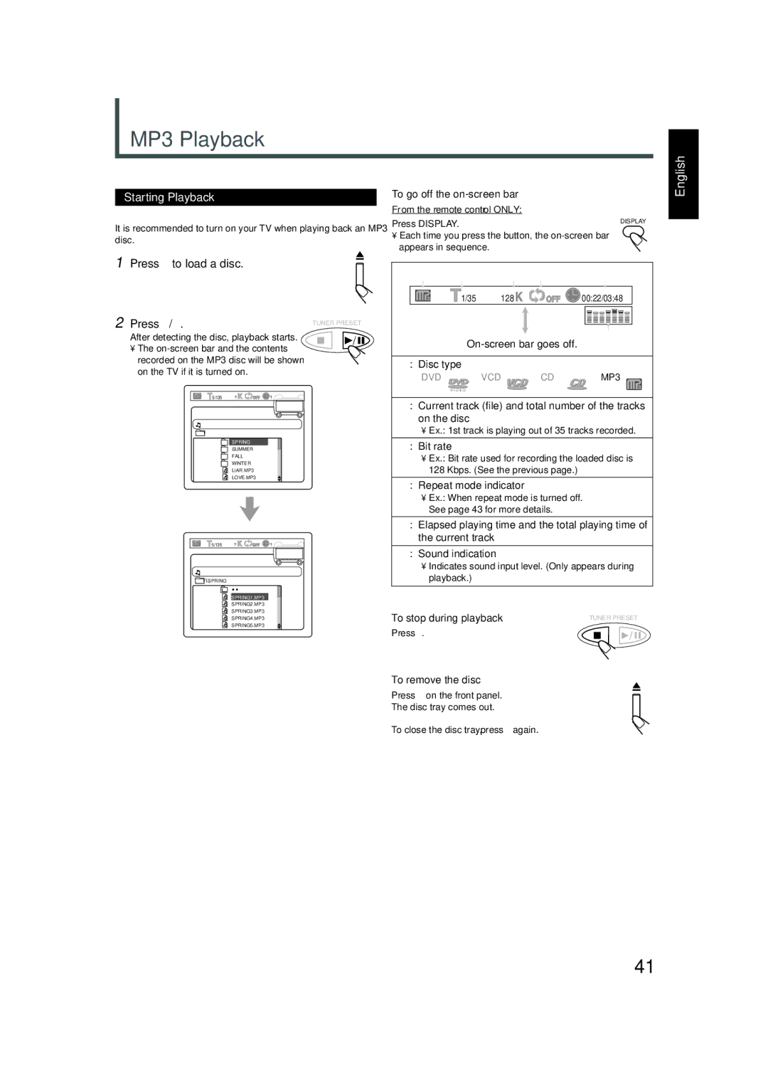 JVC TH-A5 manual MP3 Playback 