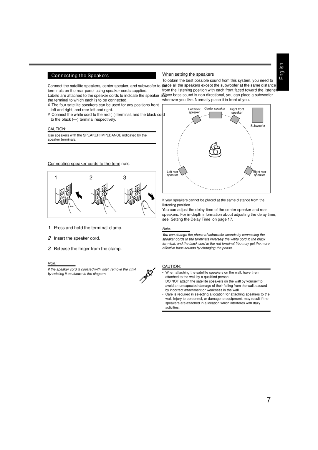 JVC TH-A5 manual Connecting the Speakers, Connecting speaker cords to the terminals, When setting the speakers 