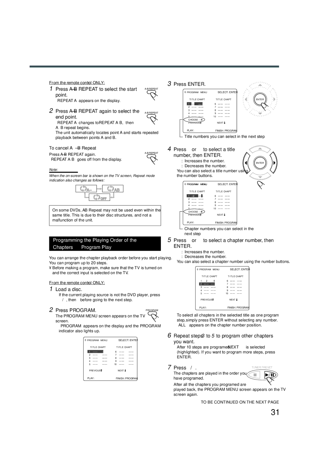 JVC TH-A5 manual Programming the Playing Order Chapters-Program Play 