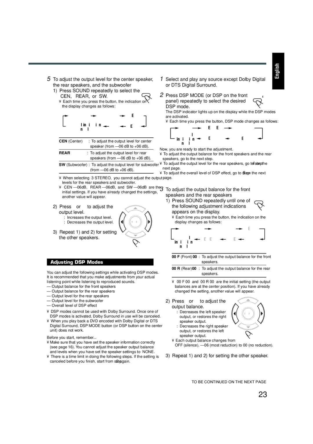 JVC TH-A5 manual Press Sound repeatedly to select the Sound CEN, REAR, or SW, Adjusting DSP Modes 